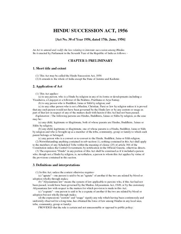 HINDU SUCCESSION ACT, 1956 [Act No. 30 of Year 1956, dated 17th. June,