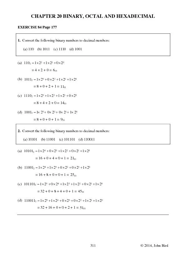 CHAPTER 20BINARY, OCTAL AND HEXADECIMALEXERCISE 84 Page 177