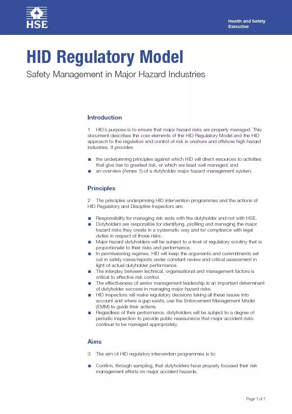 HID Regulatory ModelSafety Management in Major Hazard IndustriesIntrod