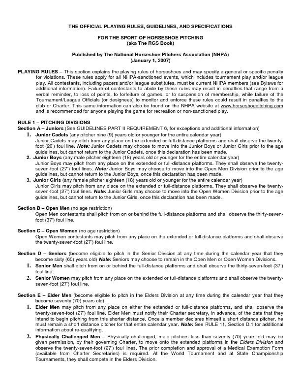 THE OFFICIAL PLAYING RULES, GUIDELINES, AND SPECIFICATIONS   FOR THE S