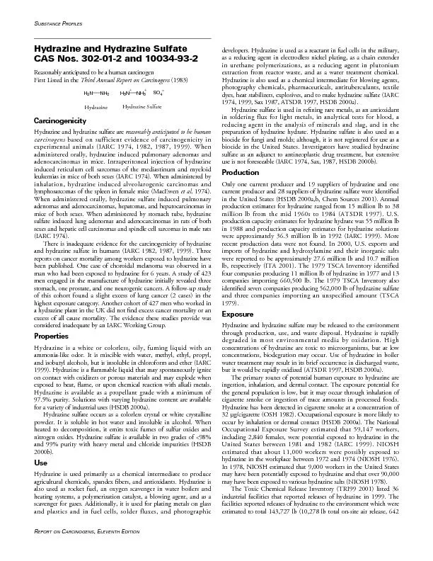 Hydrazine and Hydrazine SulfateS Nos. 302-01-2 and 10034-93-2Carcinoge