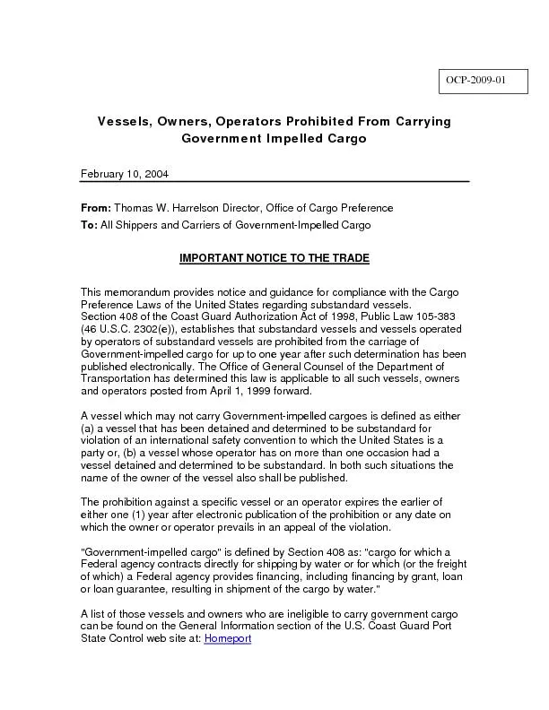 Vessels, Owners, Operators Prohibited From Carrying