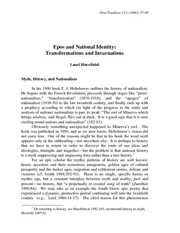 Oral Tradition 11/1 (1996): 37-49 Epos and National Identity: Transfor
