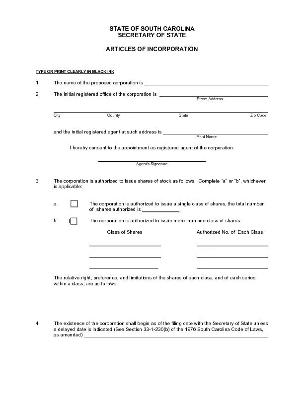 STATE OF SOUTH CAROLINASECRETARY OF STATEARTICLES OF INCORPORATIONTYPE