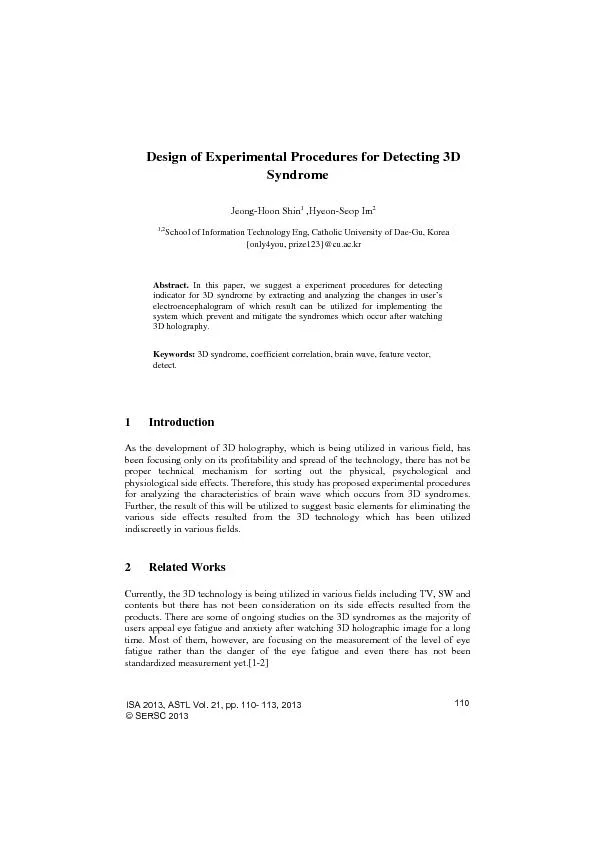 Design of Experimental Procedures for Detecting 3D SyndromeJeongHoon S