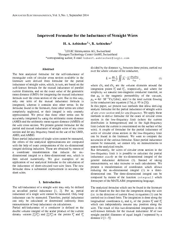 ADVANCED LECTROMAGNETICSVol. 3, No. 1 2014 Improved Formulae for the I