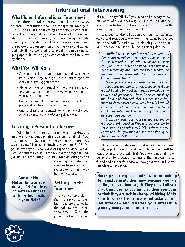 Networking article on page 14 for ideas on how to connect in your eld