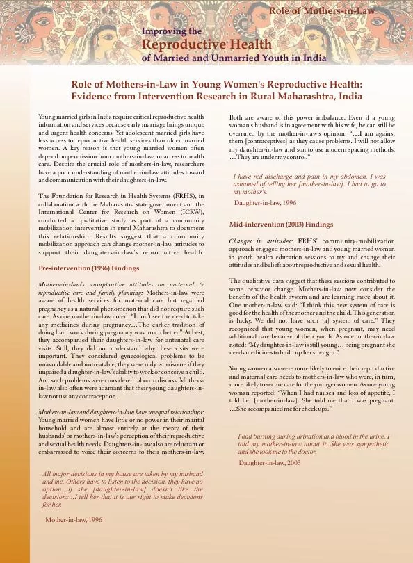 Role of Mothers-in-Law in Young Women's Reproductive Health: Evidence
