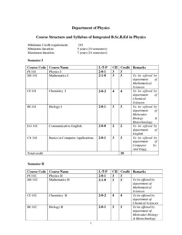 Department of Physics Course Structure and Syllabus of Integrated B.Sc