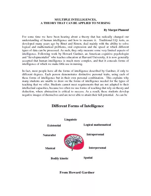 MULTIPLE INTELLIGENCES,  A THEORY THAT CAN BE APPLIED TO NURSING For s