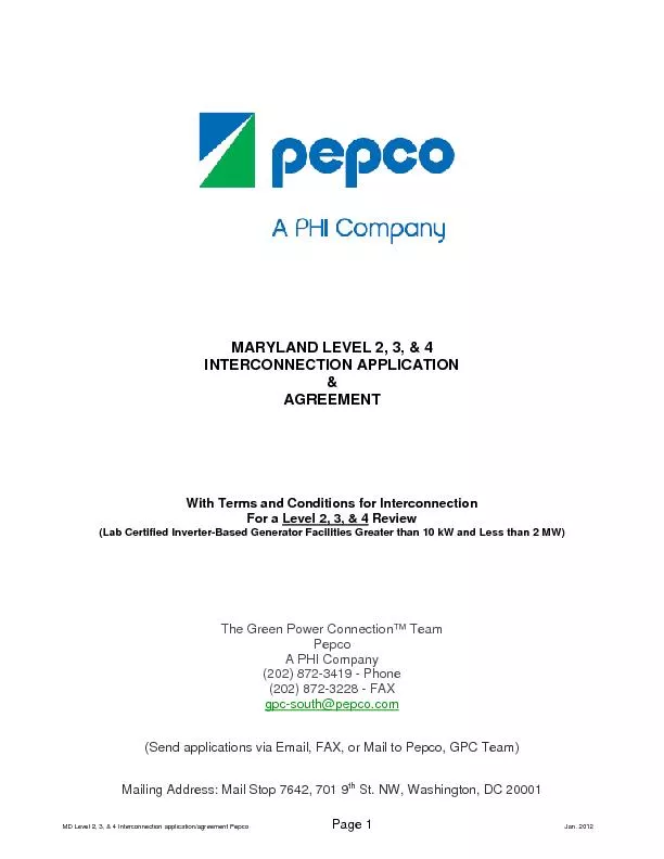 MD Level 2, 3, & 4 Interconnection application/agreement Pepco