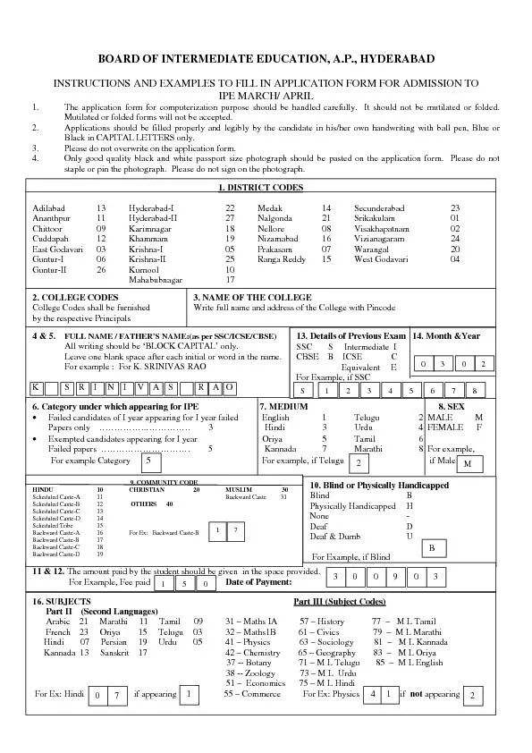 INSTRUCTIONS AND EXAMPLES TO FILL IN APPLICATION FORM FOR ADMISSION TO