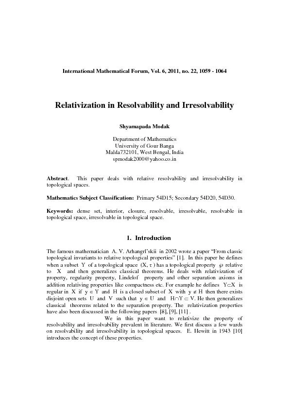 International Mathematical Forum, Vol. 6, 2011, no. 22, 1059 - 1064 Sh