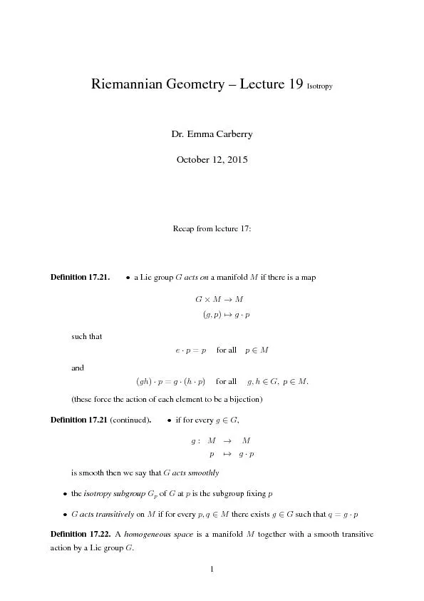 RiemannianGeometry–Lecture19IsotropyDr.EmmaCarberryOctober12,2015