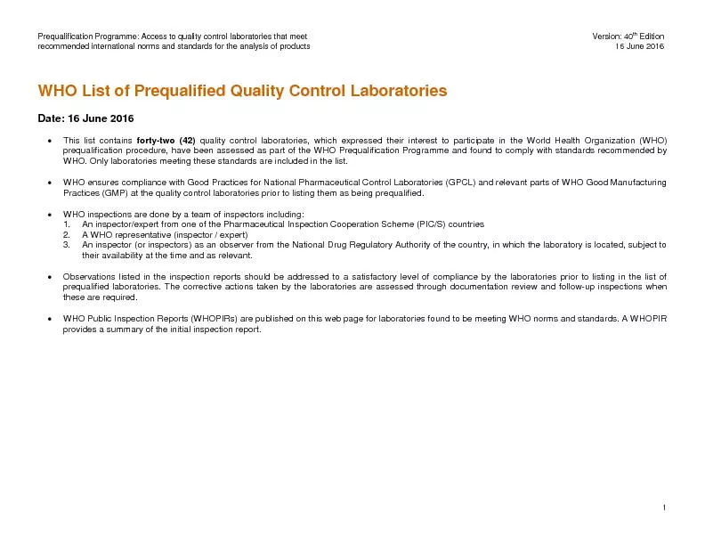 Prequalification Programme: Access to quality control laboratories tha