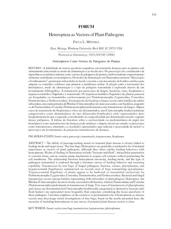 Heteroptera as Vectors of Plant Pathogens L. MDept. Biology, Winthrop