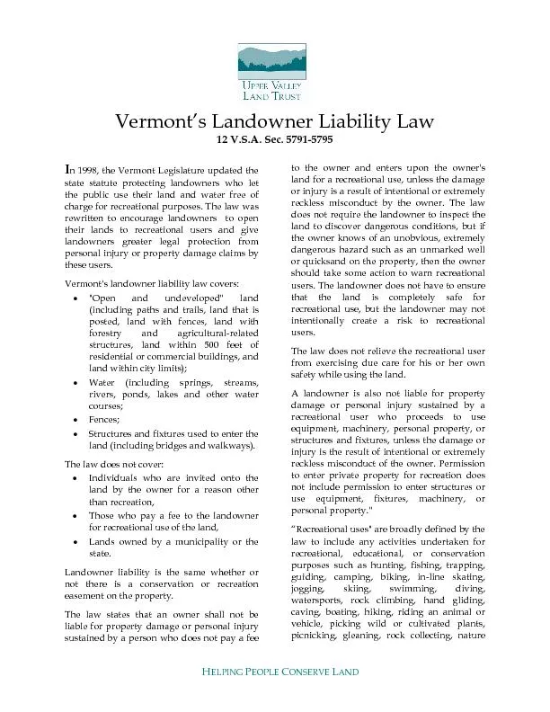 n 1998, the Vermont Legislature updated the state statute protecting l