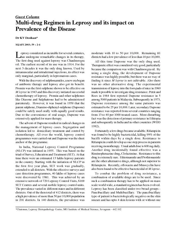 Multi-drug Regimen in Leprosy and its impact onPrevalence of the Disea