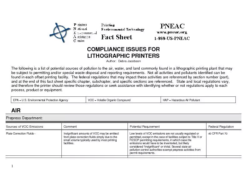 COMPLIANCE ISSUES FOR LITHOGRAPHIC PRINTERS Author:  Debra Jacobson