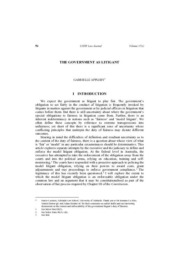 94UNSW Law Journal Volume 37(1) THE GOVERNMENT AS LITIGANT GABRIELLE A