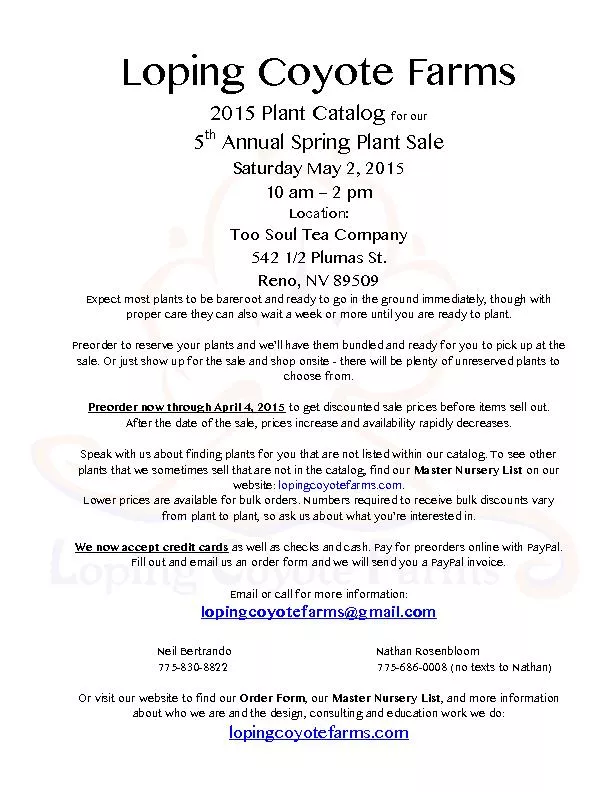 Plant Sale  Saturday May 2, 2015 10 am 