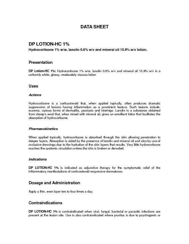 DATA SHEETDP LOTION-HC 1% Hydrocortisone 1% w/w, lanolin 0.6% w/v and