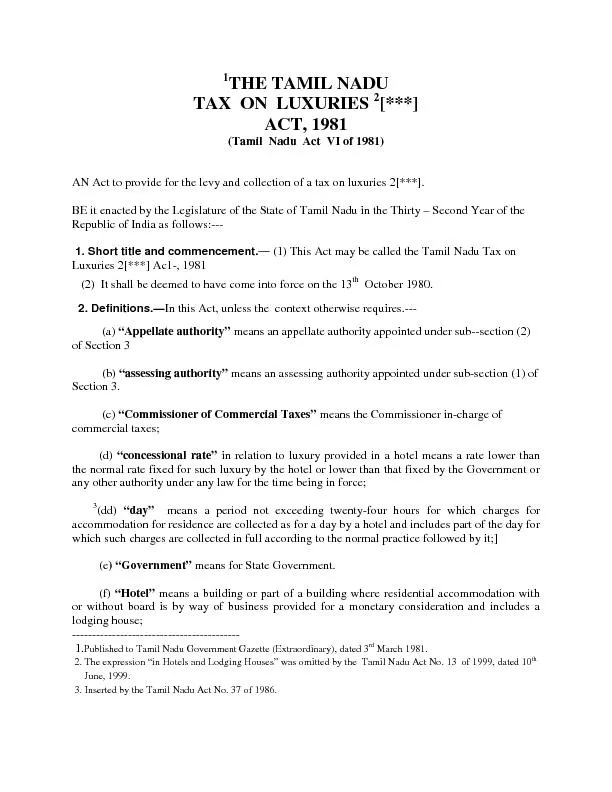 THE TAMIL NADU TAX  ON  LUXURIES [***] ACT, 1981 (Tamil  Nadu  Act  VI