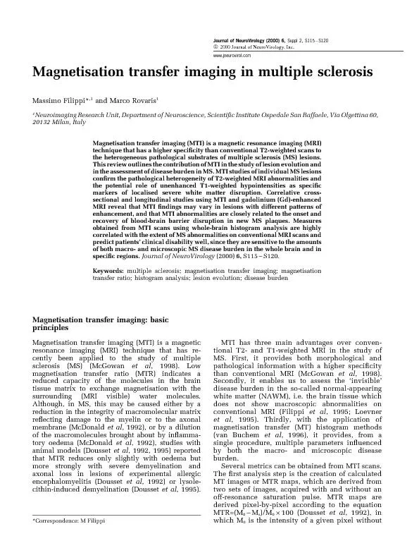 MagnetisationtransferimaginginmultiplesclerosisMassimoFilippi*andMarco