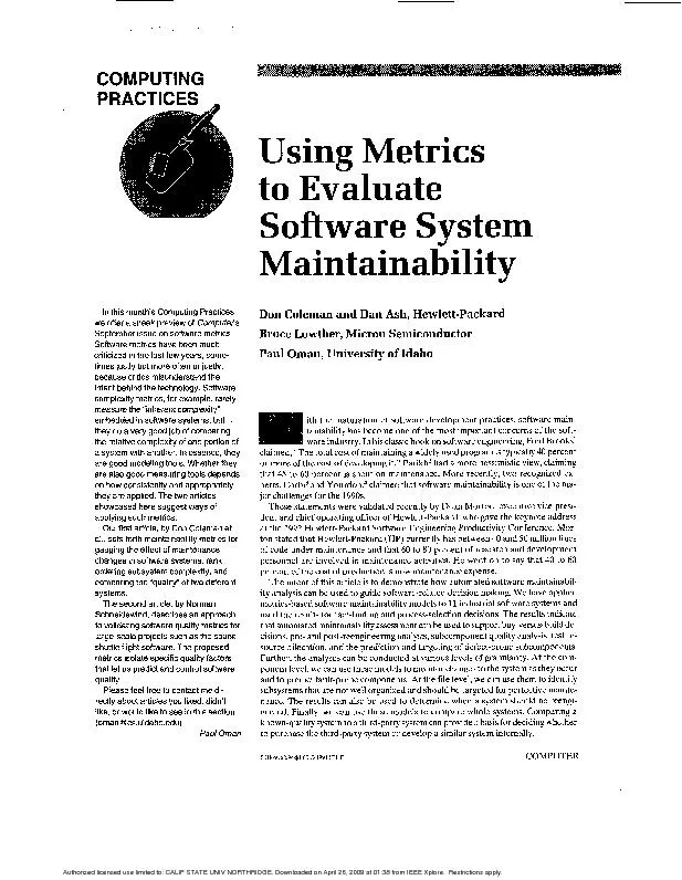 studies in metrics maintainability and quality assessment demonstrated
