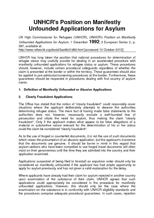 Unfounded Applications for Asylum UN High Commissioner for Refugees (U