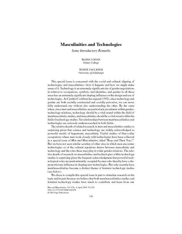 ARTICLEMasculinities and TechnologiesSome Introductory RemarksWENDY FA