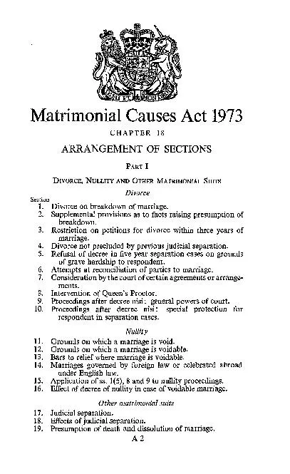 Matrimonial Causes Act 1973 CHAPTER 18 ARRANGEMENT OF SECTIONS PART I