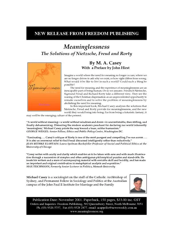 MeaninglessnessThe Solutions of Nietzsche, Freud and RortyBy M. A. Cas