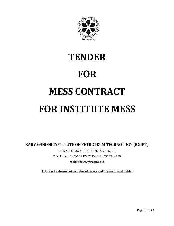 Page of TENDER FORMESS CONTRACTFOR INSTITUTE MESSRAJIV GANDHI INSTITUT