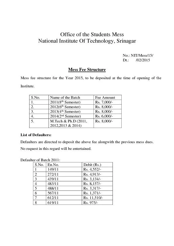 No.: NIT/Mess/15/ Dt.:       /02/2015 Mess Fee Structure