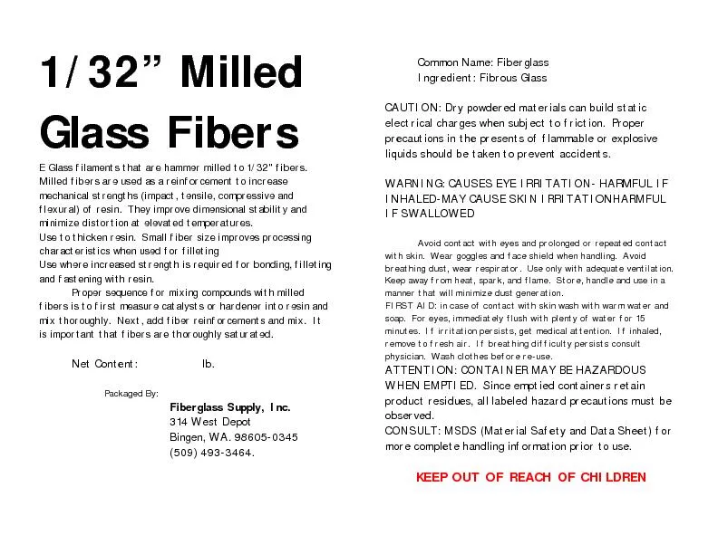 E Glass filaments that are hammer milled from 1/8