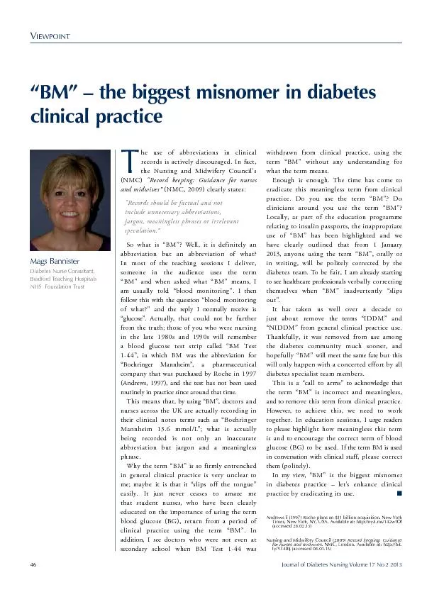 46Journal of Diabetes Nursing Volume 17 No 2 2013