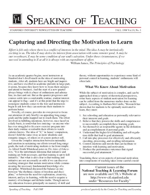 Speaking of Teaching     Fall 1998produced quarterly by the Center for