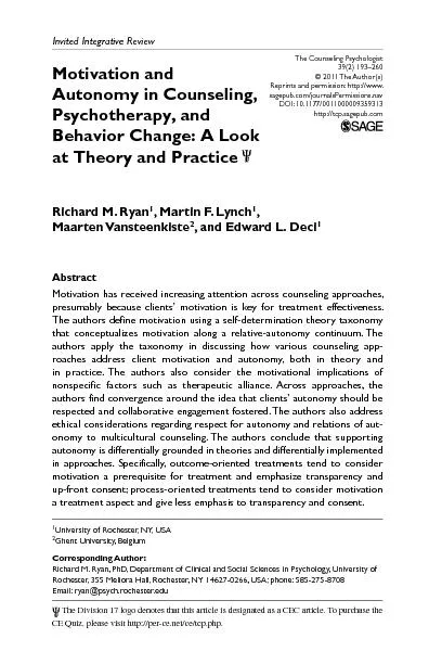 Behavior Change: A Look Richard M. Ryan, Martin F. Lynch, Maarten Vans