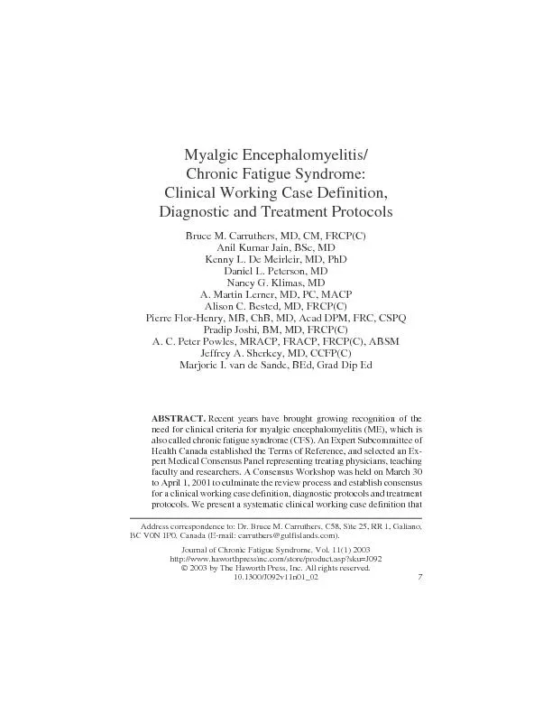 Myalgic Encephalomyelitis/Chronic Fatigue Syndrome:Clinical Working Ca