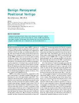 Benign Paroxysmal Positional Vertigo David Solomon MD PhD Address Department of Neurology