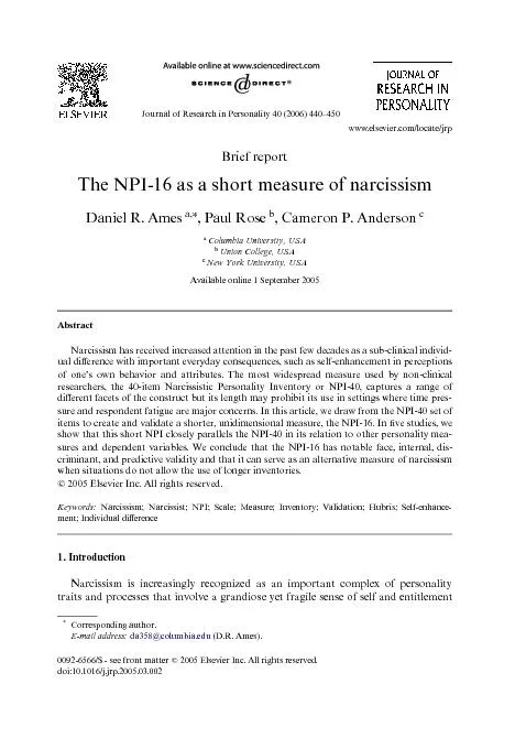 Brief reportThe NPI-16 as a short measure of narcissismDaniel R. Ames,