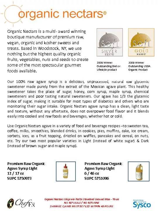 Premium Raw Organic Agave Syrup Light / 17 oz SUPC