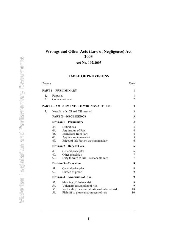 Wrongs and Other Acts (Law of Negligence) Act 2003 TABLE OF PROVISIONS