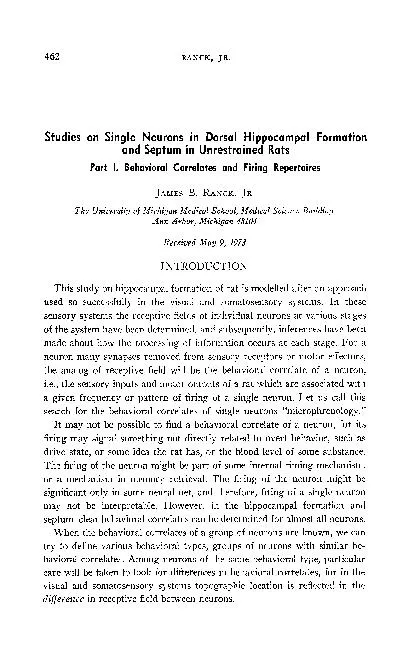 Studies on Single Neurons in Dorsal Hippocampal Formation and Septum i