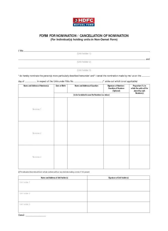 FORM FOR NOMINATION / CANCELLATION OF NOMINATION(For Individual(s) hol
