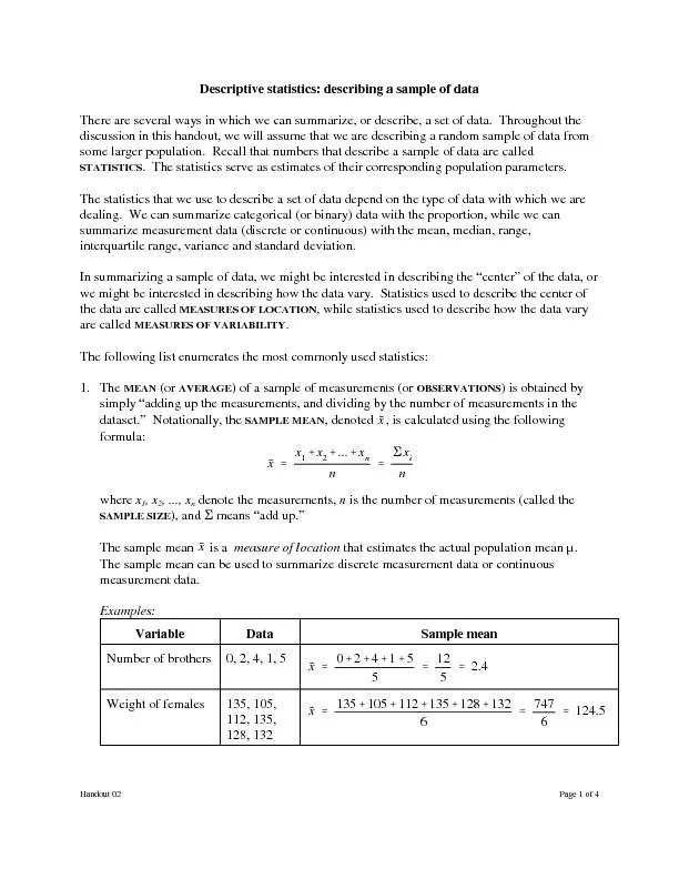 Handout 02Page 1 of 4Descriptive statistics: describing a sample of da