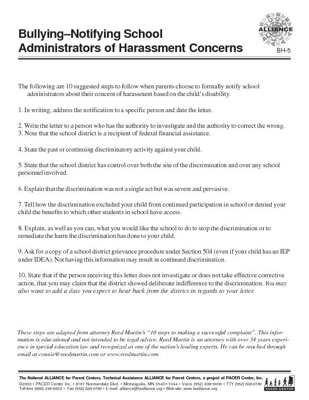 administrators about their concern of harassment based on the child