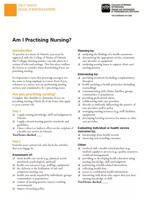 Am I Practising Nursing?  Introduction To practise as a nurse in Ontar