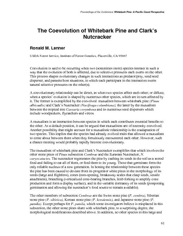 Proceedings of the Conference Whitebark Pine: A Pacific Coast Perspect